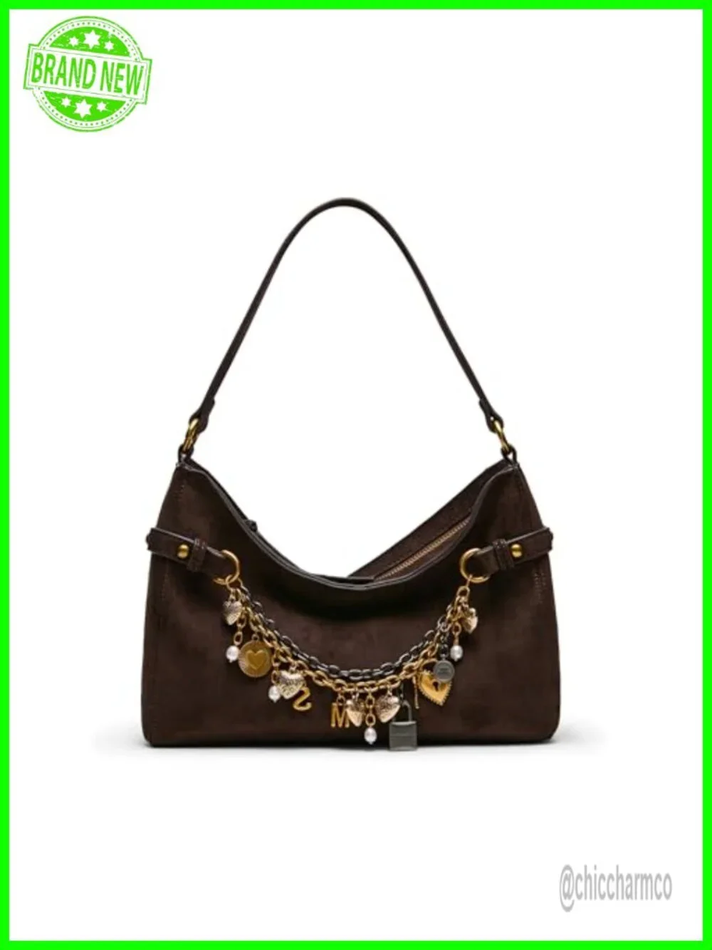 Charm Hobo Shoulder Bag with Zipper Closure Faux Suede